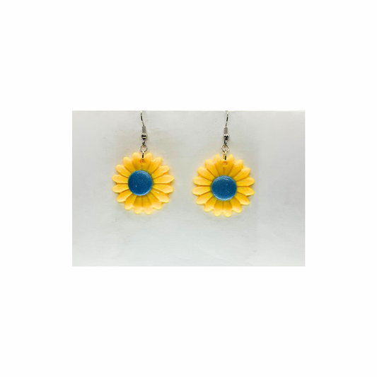 Yellow Sunflower with Blue  Center Dangle Earrings