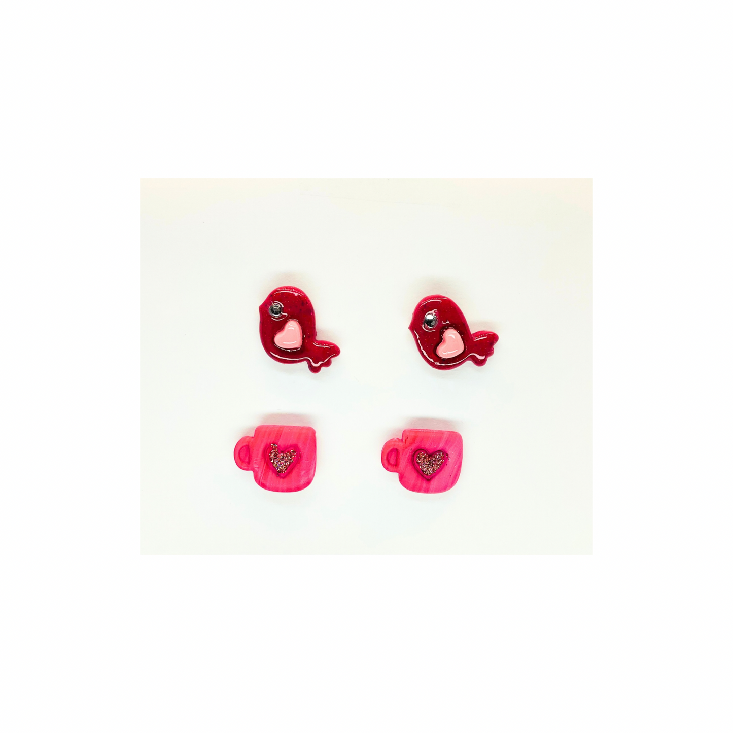 Pink Heart Birdie and Pink Cup Stud Earrings-Crafting By BB