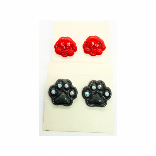 Doggie Stud Earring Paw and Face with Rhinestones