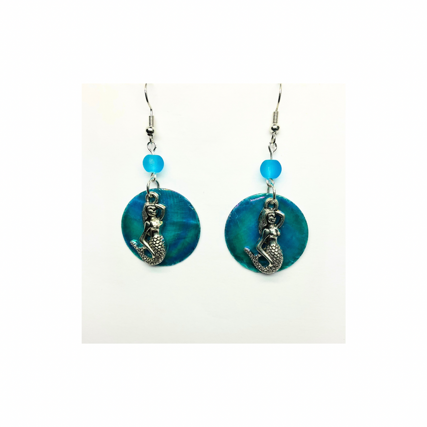 Ocean Collection Mermaid and Flat Shell Dangle Earring with Blue Bead Accent