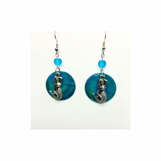Ocean Collection Mermaid and Flat Shell Dangle Earring with Blue Bead Accent