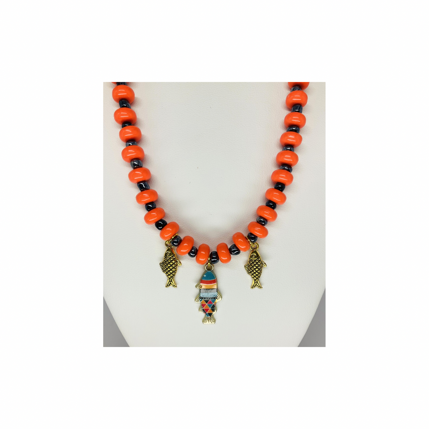 Orange and Dark Navy Beaded Fish Necklace | 18-inch | Crafting By BB