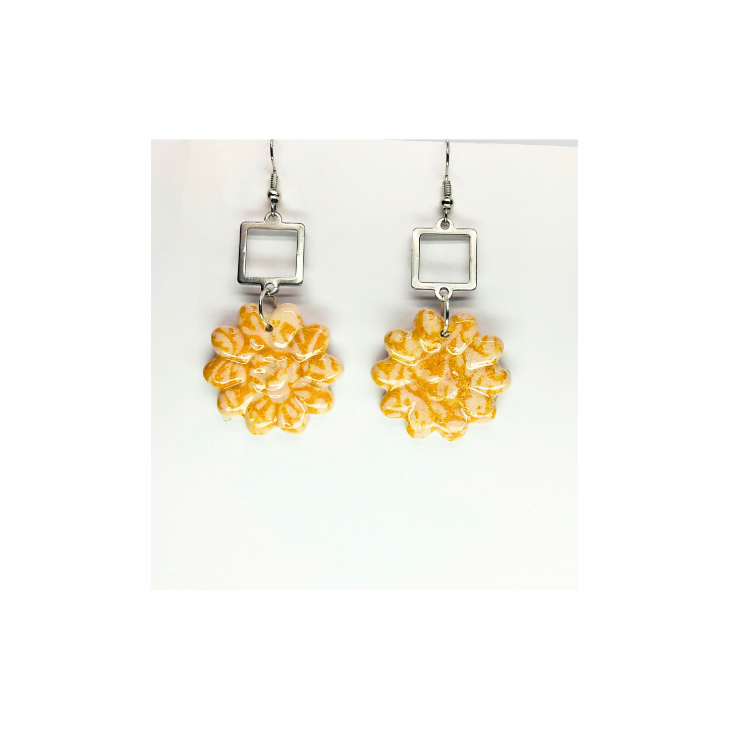 Beach Bloom Collection with Silver Embellishment Dangle Earrings featuring Yellow Floral Design and Square Charms