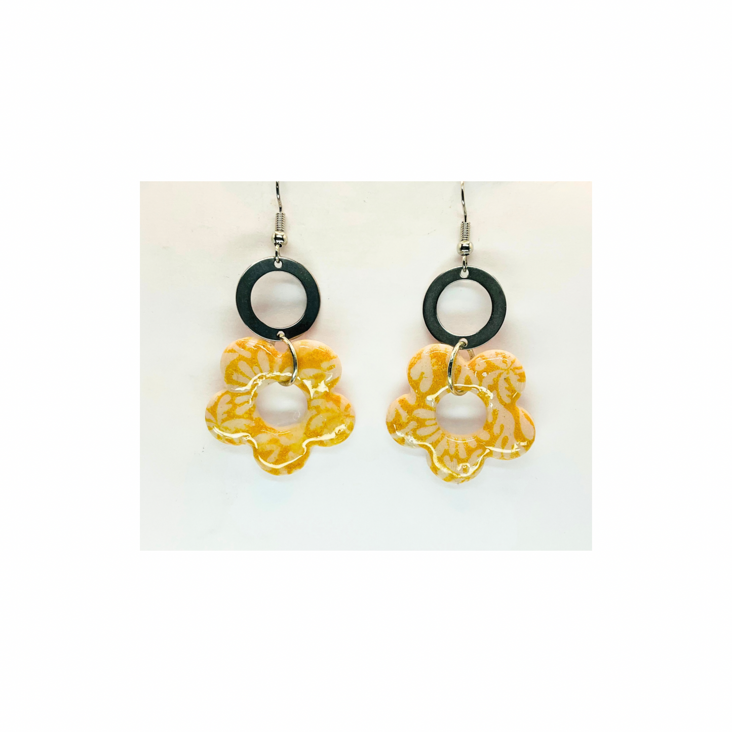 Beach Bloom Collection Yellow Flower Dangle with Silver Circle Earrings