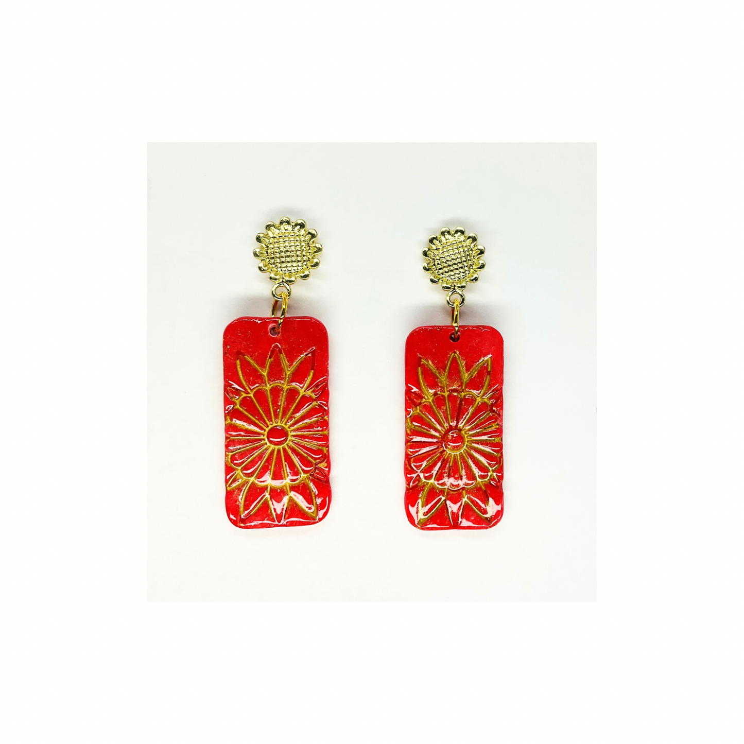 Red and Gold Rectangle Flower Dangle with Gold Stud Earring-Crafting By BB