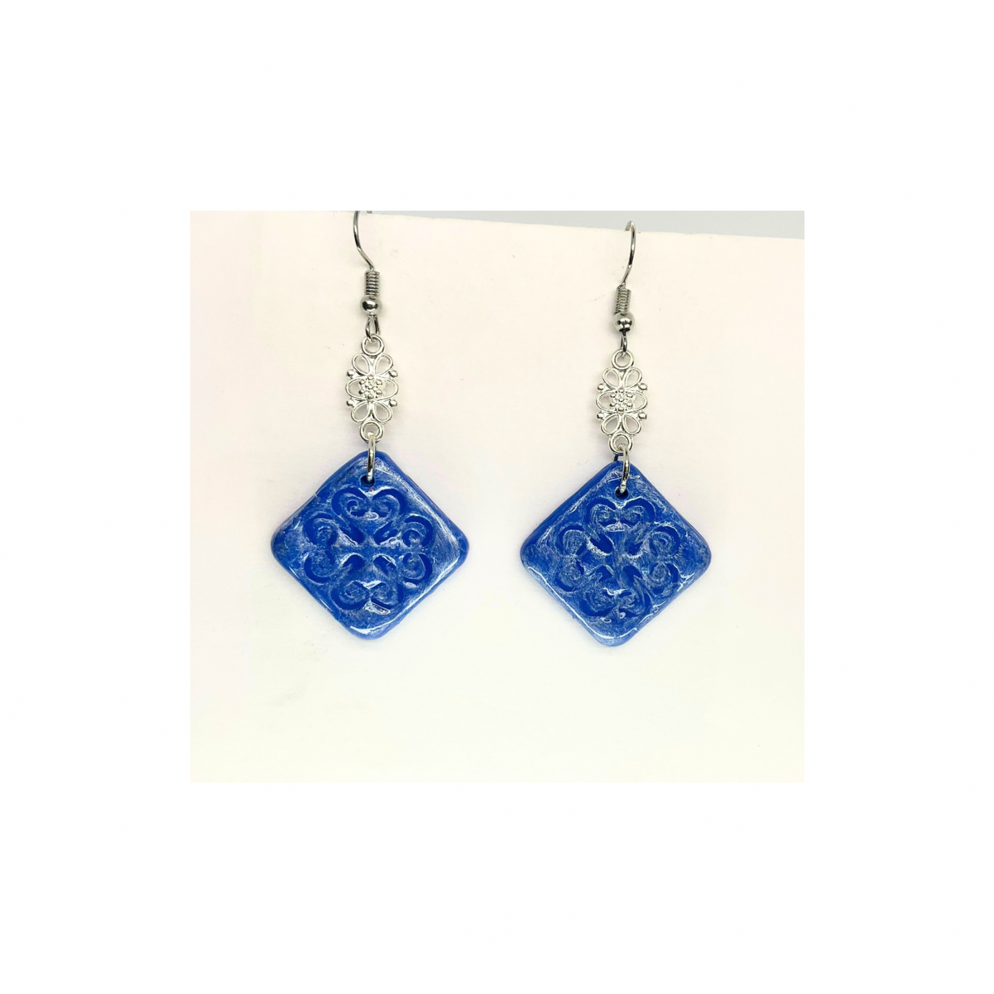 Blue Tile 131 with Silver Charm Dangle Earrings - Unique Design Jewelry Piece