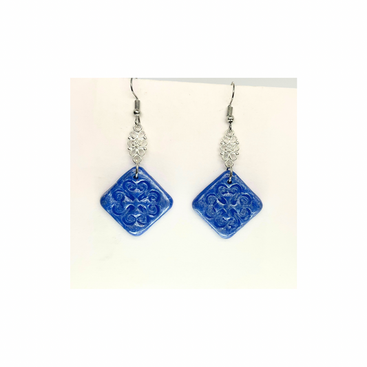 Blue Tile 131 with Silver Charm Dangle Earrings - Unique Design Jewelry Piece