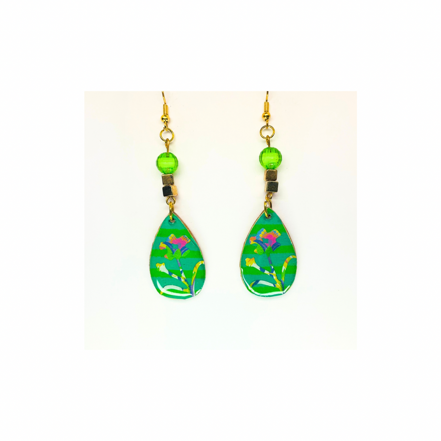 BOHO Wood Dangle Teardrop Earring Handmade with Flower Motif & Green Bead Top Quality Handcrafted Jewelry