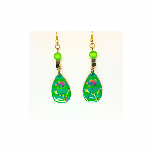 BOHO Wood Dangle Teardrop Earring Handmade with Flower Motif & Green Bead Top Quality Handcrafted Jewelry
