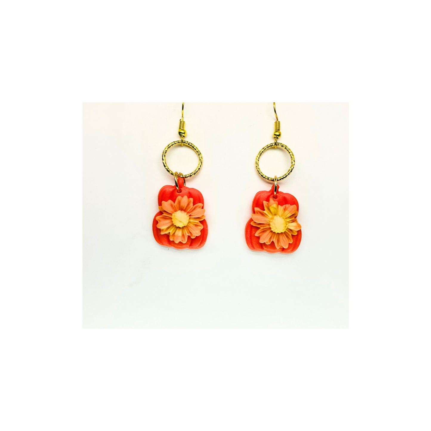 Fall Collection Orange Stacked Pumpkins with Large Flower Dangle Earring