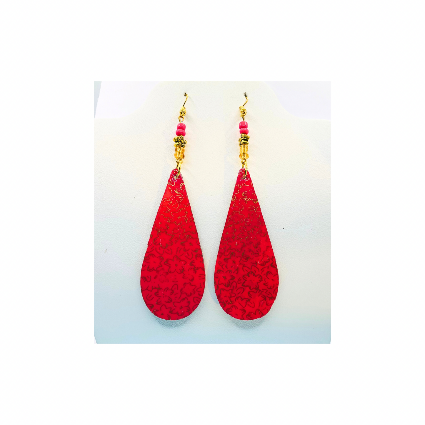 Pink and Gold Long Teardrop Lightweight Wood Dangle Earring