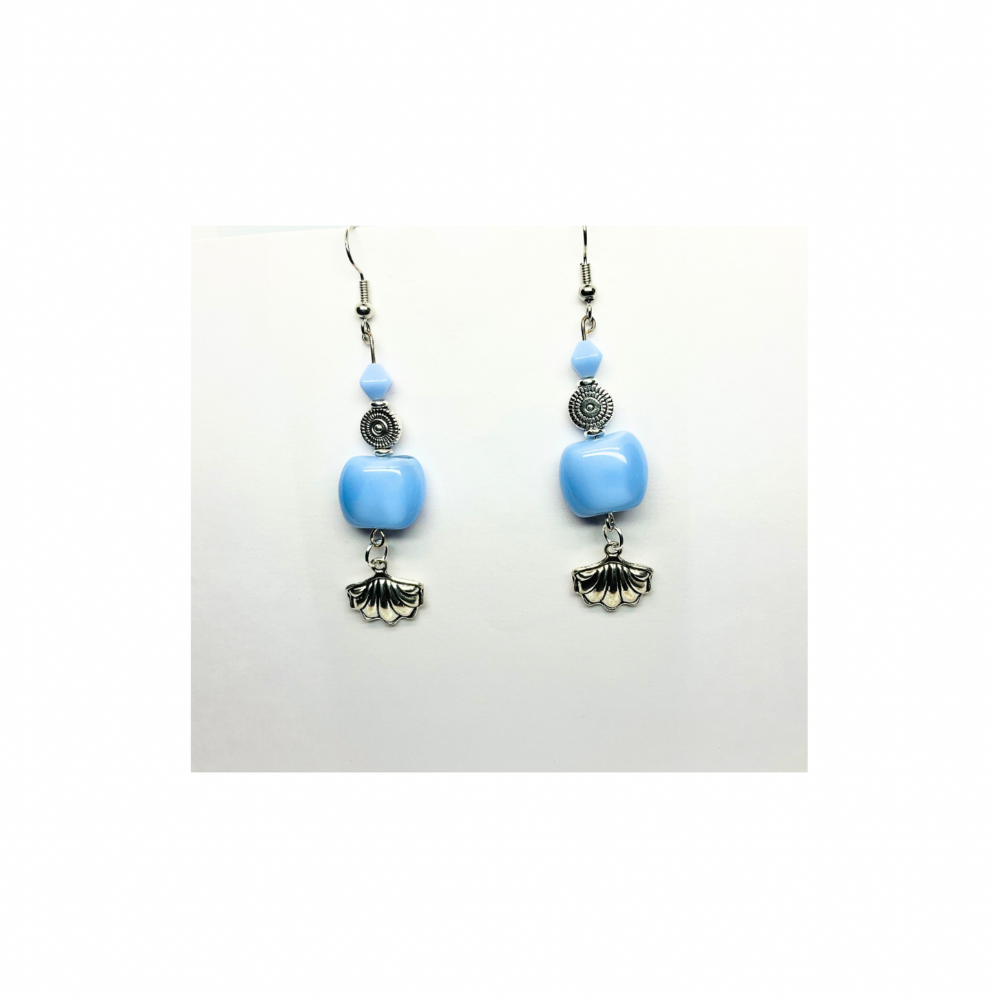 Ocean Collection Light Blue Beads with Silver Shell Charm Dangle Earrings - Stylish and Unique Design