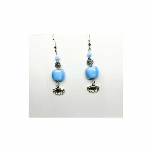 Ocean Collection Light Blue Beads with Silver Shell Charm Dangle Earrings - Stylish and Unique Design