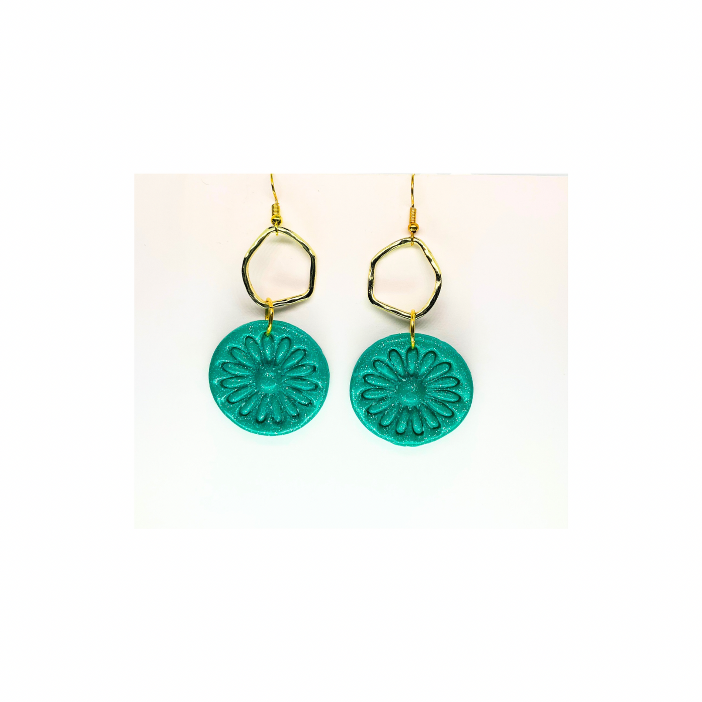 Teal Green Sparkle Circle with Gold Accent Dangle Earrings - Teal Color Floral Design Jewelry Accessory