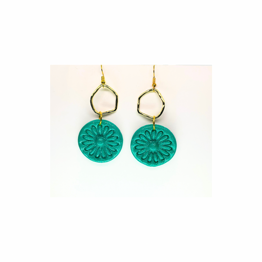 Teal Green Sparkle Circle with Gold Accent Dangle Earrings - Teal Color Floral Design Jewelry Accessory