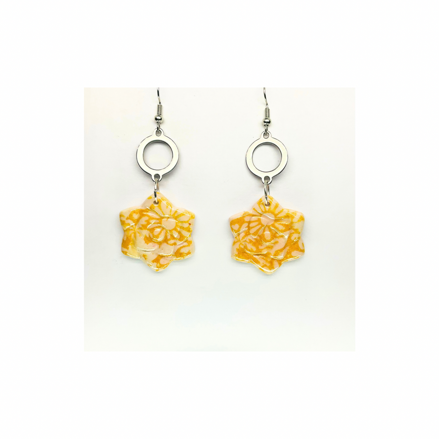 Beach Bloom Collection Yellow Star Shape Dangle Earrings with Floral Design and Silver Rings