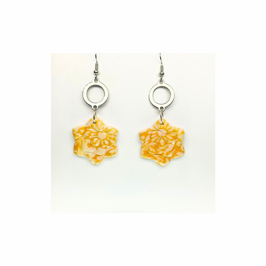 Beach Bloom Collection Yellow Star Shape Dangle Earrings with Floral Design and Silver Rings