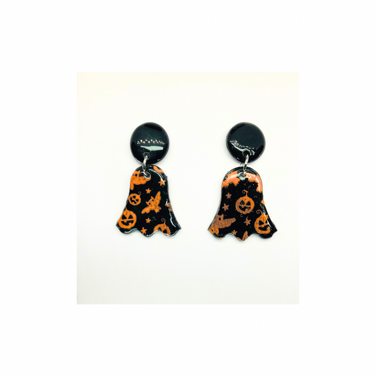 Fall Collection Black and Orange Ghost with Stud Button Dangle Earring Halloween Design
