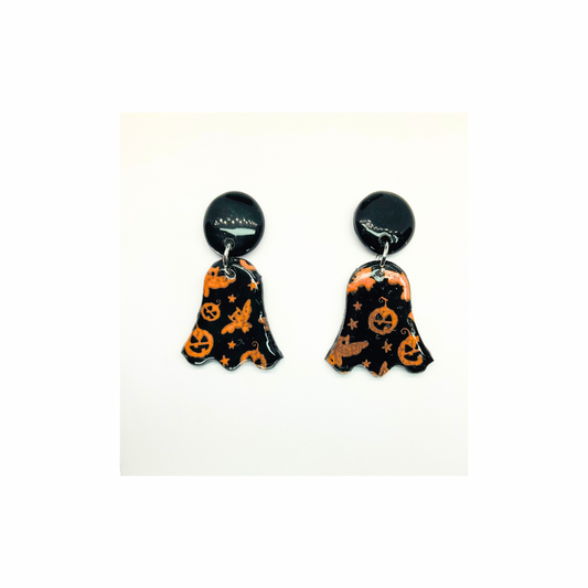 Fall Collection Black and Orange Ghost with Stud Button Dangle Earring Halloween Design