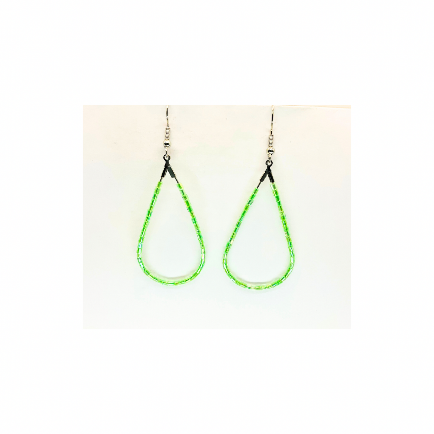 Lime Green Bugle Bead Teardrop Dangle Earring
