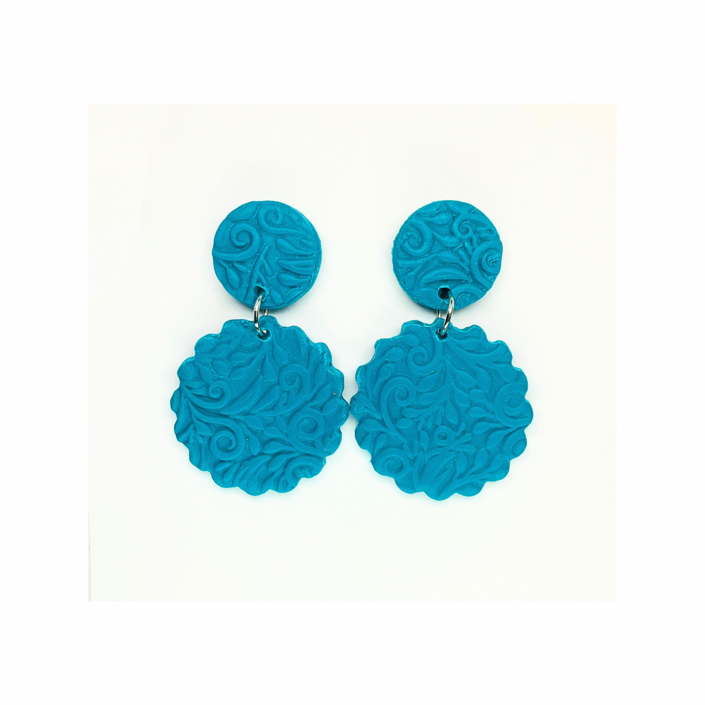 Crystal Teal Textured Circle Stud Dangle Earrings with Intricate Floral Design for Women's Fashion