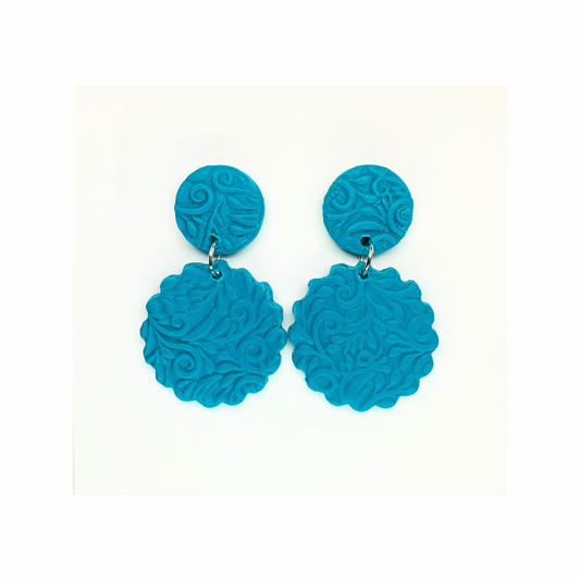 Crystal Teal Textured Circle Stud Dangle Earrings with Intricate Floral Design for Women's Fashion