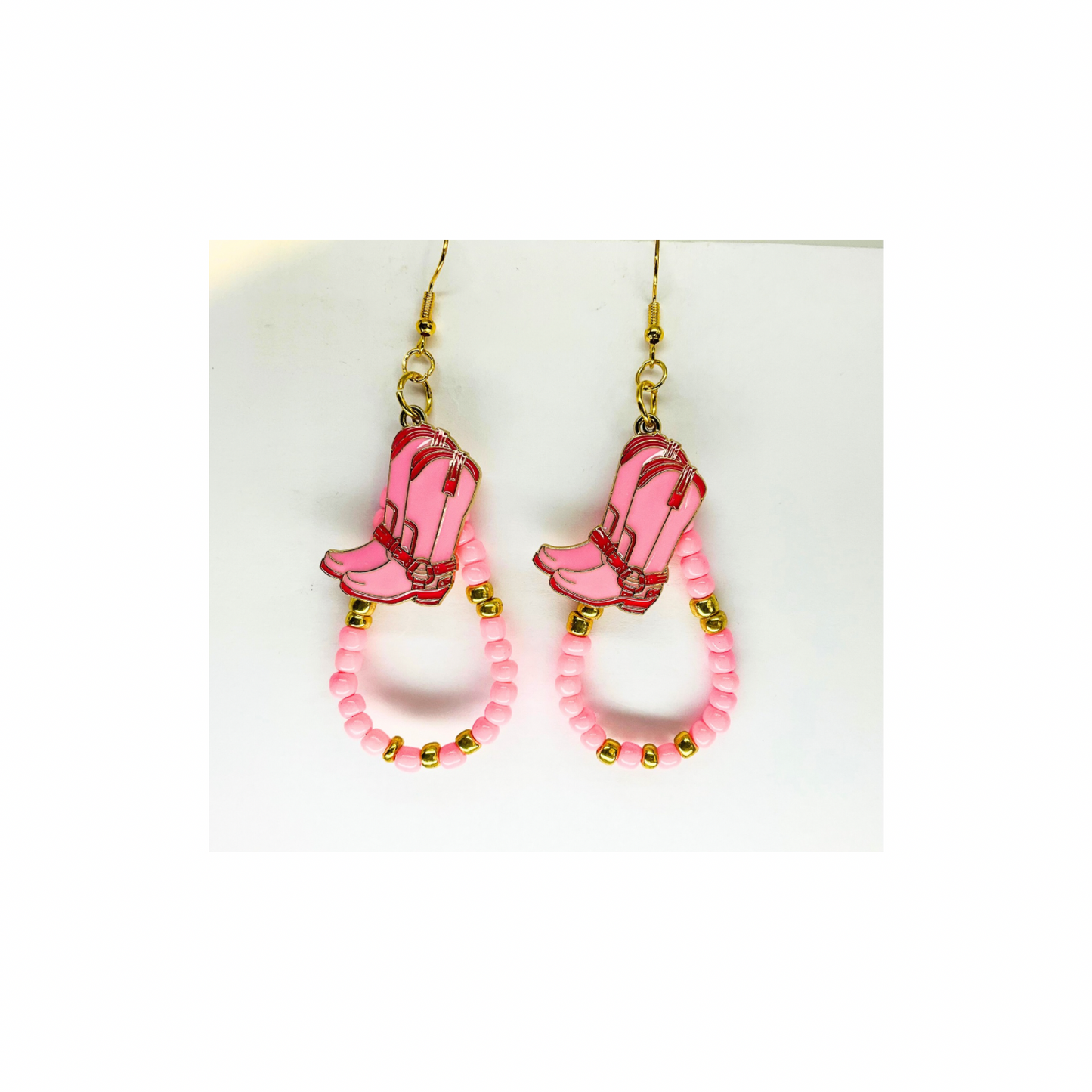 Pink Beaded Teardrop Dangle with Pink Boot Charm Earrings