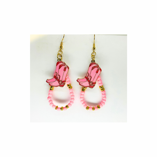 Pink Beaded Teardrop Dangle with Pink Boot Charm Earrings