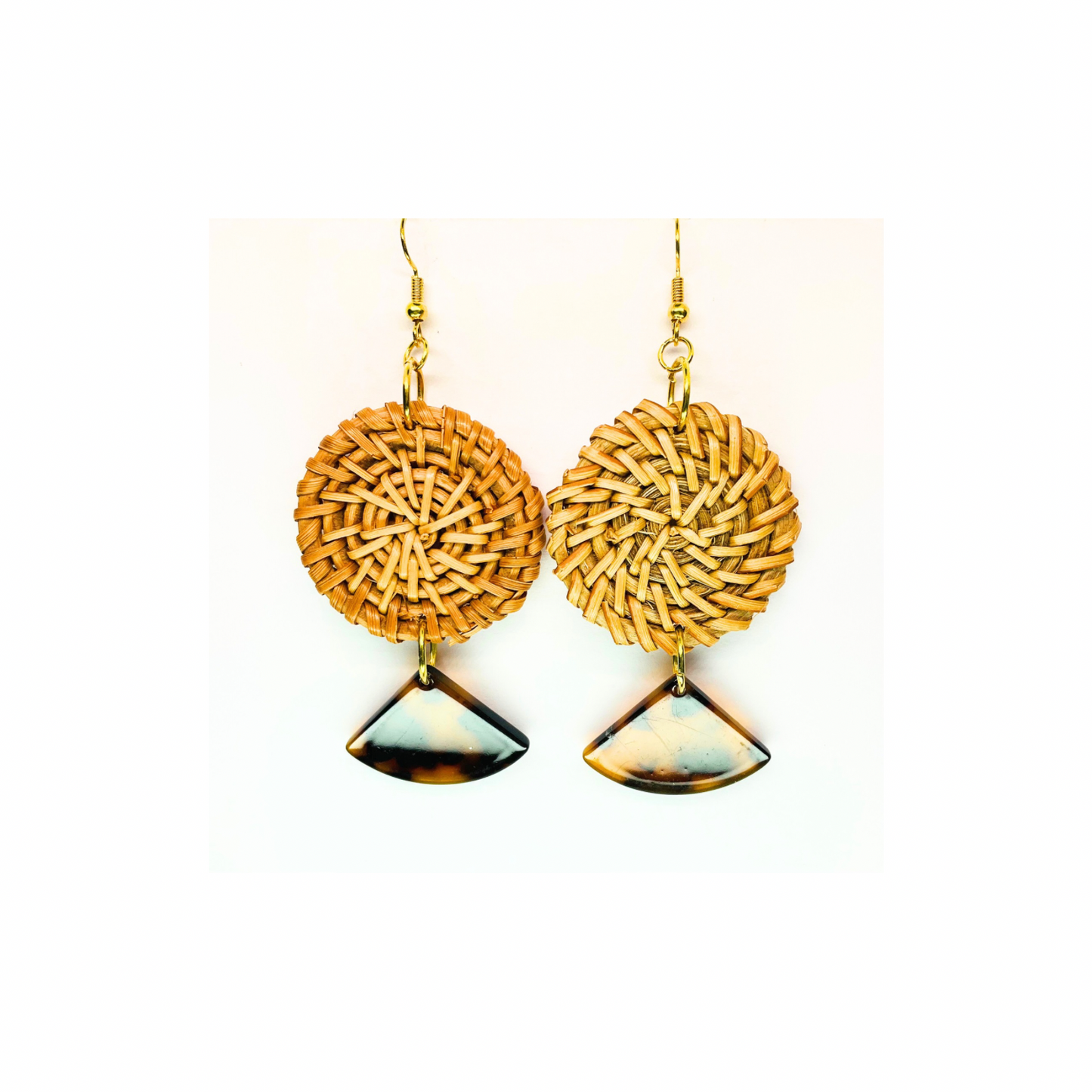 BOHO Collection Rattan Circle with Fan Tortoise Dangle Earrings - Unique Design & Natural Material Earrings