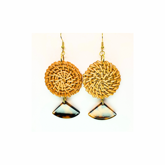 BOHO Collection Rattan Circle with Fan Tortoise Dangle Earrings - Unique Design & Natural Material Earrings