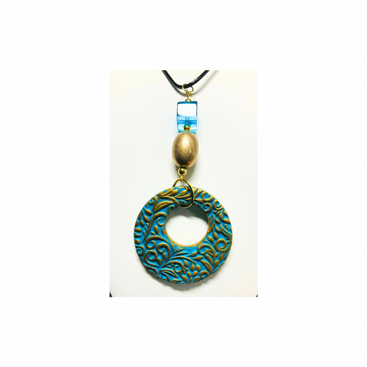 Turquoise and Gold Circle Pendant with Bead Necklace in PU Leather Fashion Jewelry