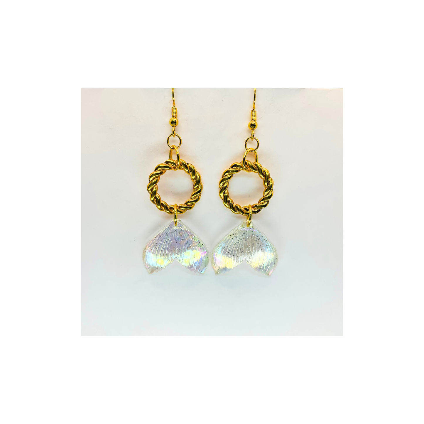 Mermaid Iridescent Tail Earrings with Gold Rope Circle Dangle
