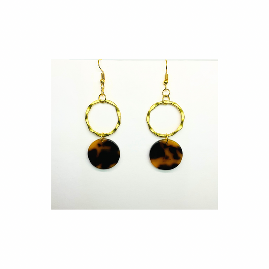 Tortoise Collection Dark Brown Button Dangle Earring - Elegant Gold Hoop & Leopard Disc Design for Women