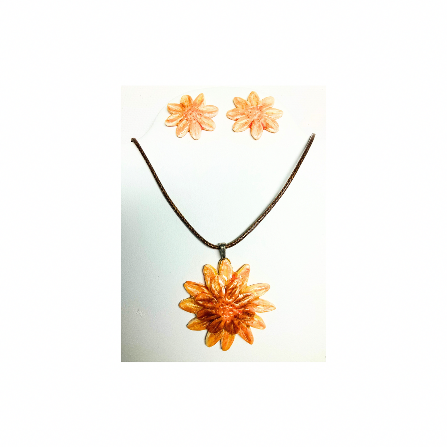 Sunflower Yellow Flower Clay Jewelry Set Handcrafted Polymer Clay Necklace & Stud Earrings Brown Rope Chain Unique Handmade Gift