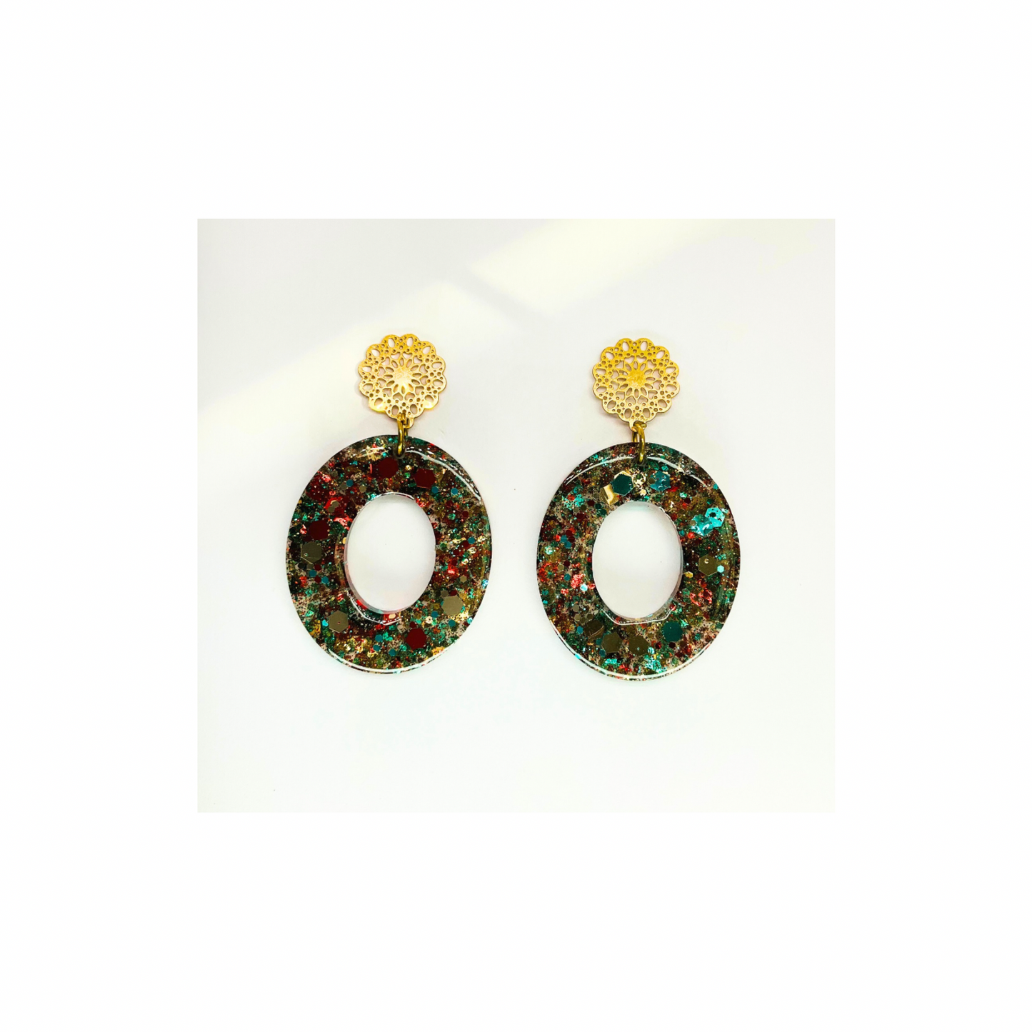 Sparkling Oval Drop Earrings with Filigree Gold Stud Dangle Earrings - Handmade Chunky Glitter Resin Earrings in Gold & Teal