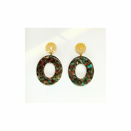 Sparkling Oval Drop Earrings with Filigree Gold Stud Dangle Earrings - Handmade Chunky Glitter Resin Earrings in Gold & Teal