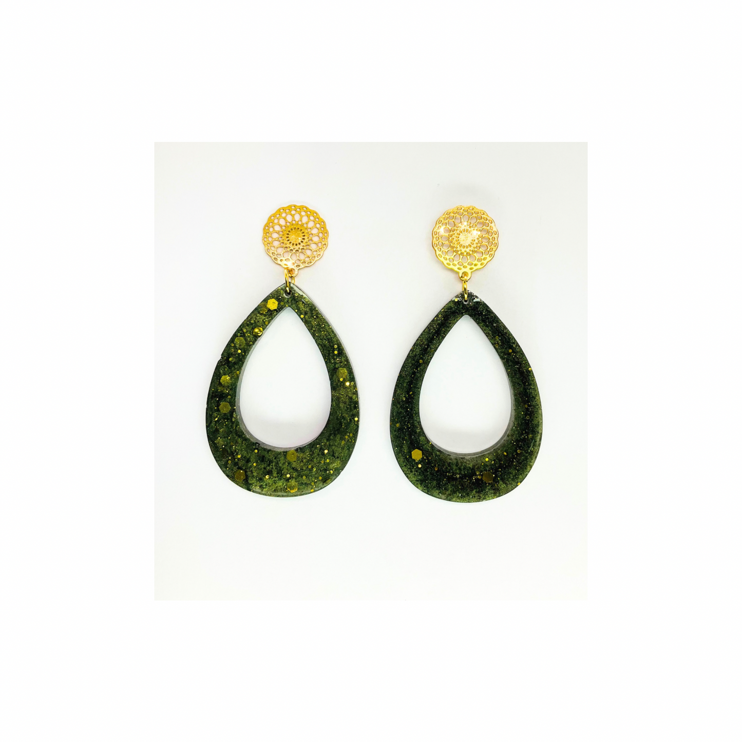 Hunter Green and Gold Sparkle Teardrop with Gold Filigree Stud Earrings - Elegant Teardrop Shape & Intricate Filigree Design