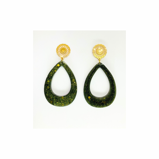 Hunter Green and Gold Sparkle Teardrop with Gold Filigree Stud Earrings - Elegant Teardrop Shape & Intricate Filigree Design