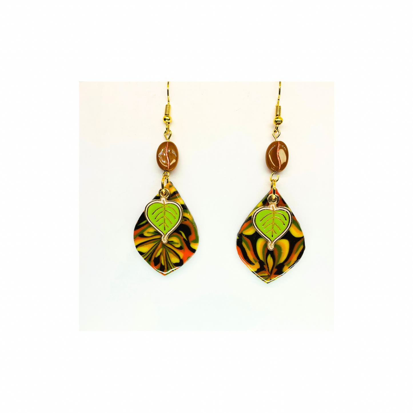 Fall Collection Green Leaf Charm Dangle Earrings with Colorful Leaf Design and Gold-Tone Hooks