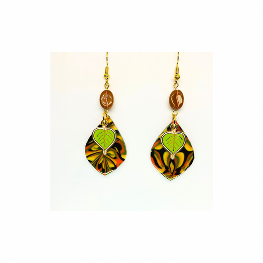 Fall Collection Green Leaf Charm Dangle Earrings with Colorful Leaf Design and Gold-Tone Hooks