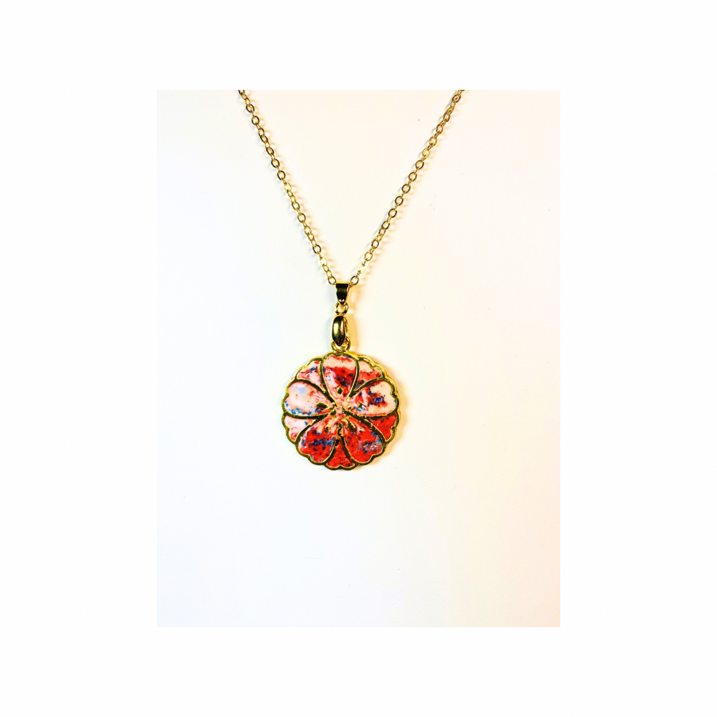 Gold Trimmed Flower Necklace with Blues and Pinks