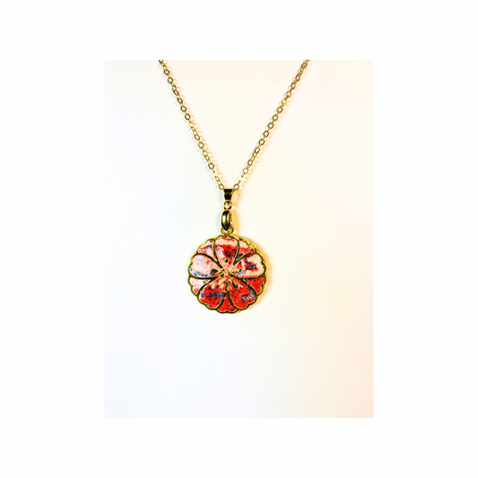 Gold Trimmed Flower Necklace with Blues and Pinks