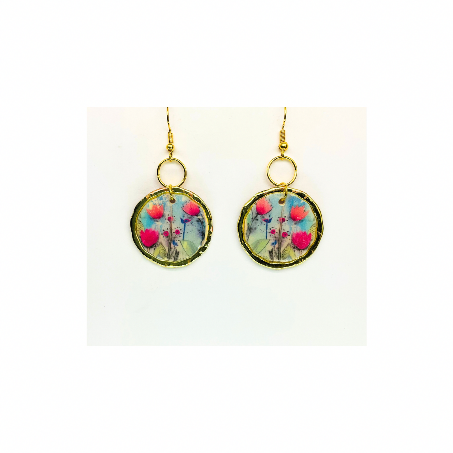 French Garden Collection Gold Round Floral Dangle Earring with Vibrant Pink and Blue Flowers for Elegant Looks