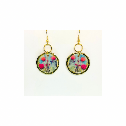 French Garden Collection Gold Round Floral Dangle Earring with Vibrant Pink and Blue Flowers for Elegant Looks