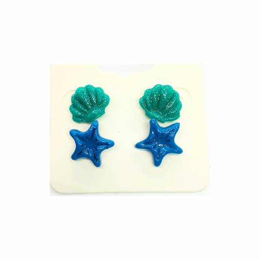Ocean Collection Green Shell and Blue Starfish Stud Earrings for Women