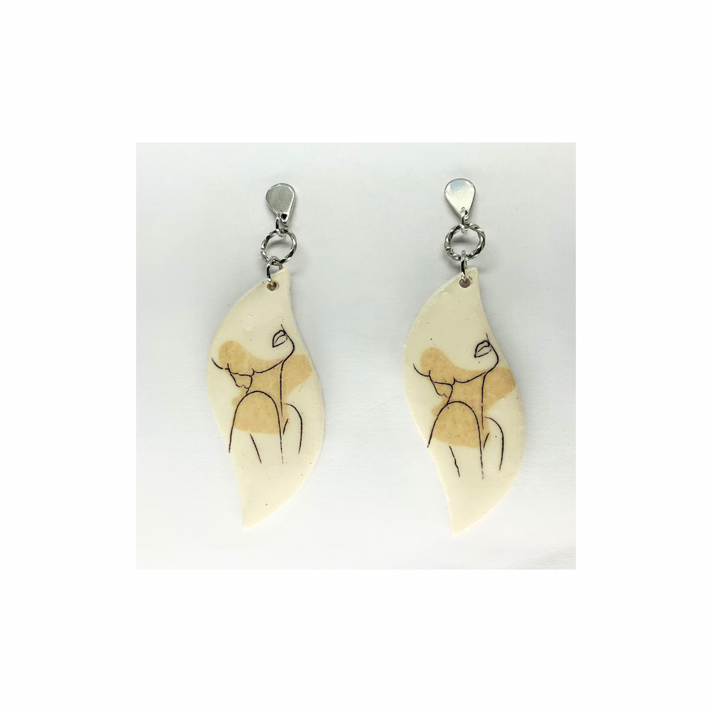 Woman Face Line Art Dangle with Silver Teardrop Stud Earrings-Crafting By BB