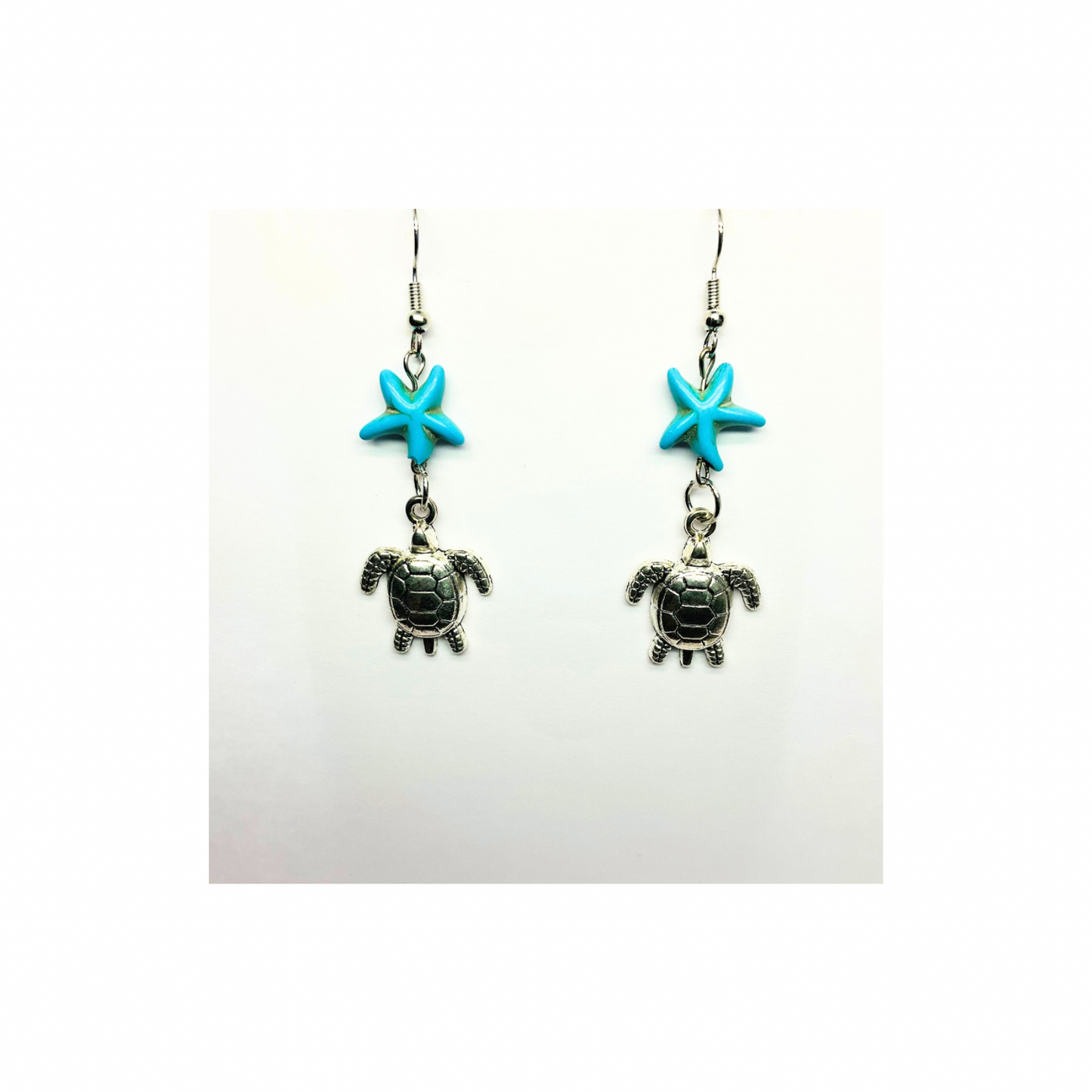 Ocean Collection Silver Turtle with Starfish Dangle Earring - Blue Starfish Accents