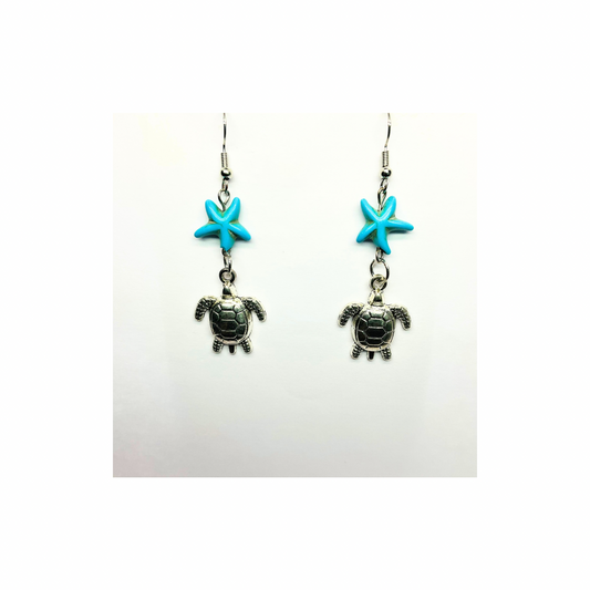 Ocean Collection Silver Turtle with Starfish Dangle Earring - Blue Starfish Accents