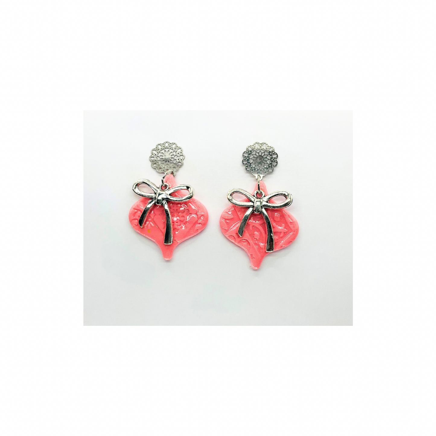 Pink Ornament Earrings with Silver Bow and Stud Dangle for Women