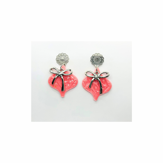 Pink Ornament Earrings with Silver Bow and Stud Dangle for Women